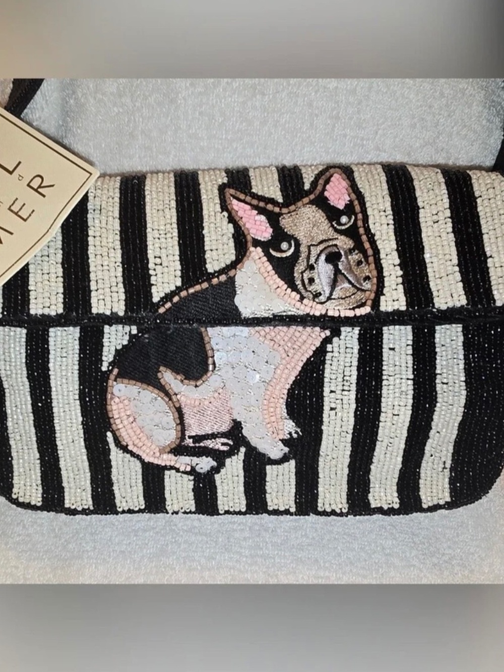VIRAL BEADED SOL and MER BLACK WHITE FRENCH BULLDOG HANDBAG PURSE